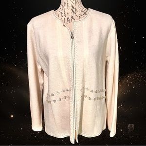 Nygard Collection Sparkling Embellished Full Zip Boiled Wool Cream Cardigan L